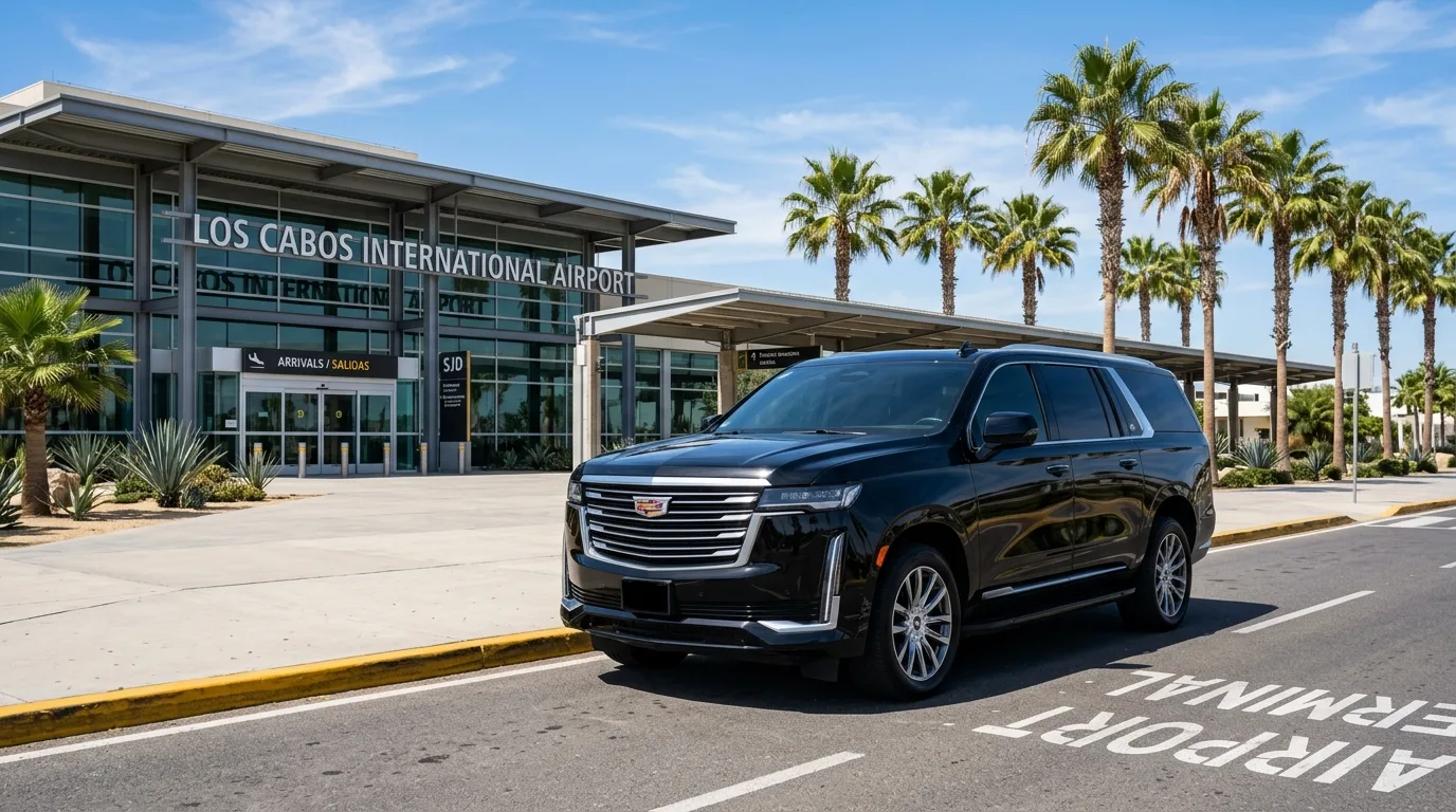 Luxury black SUV parked outside SJD Los Cabos Airport terminal, ready for private airport transfer.
