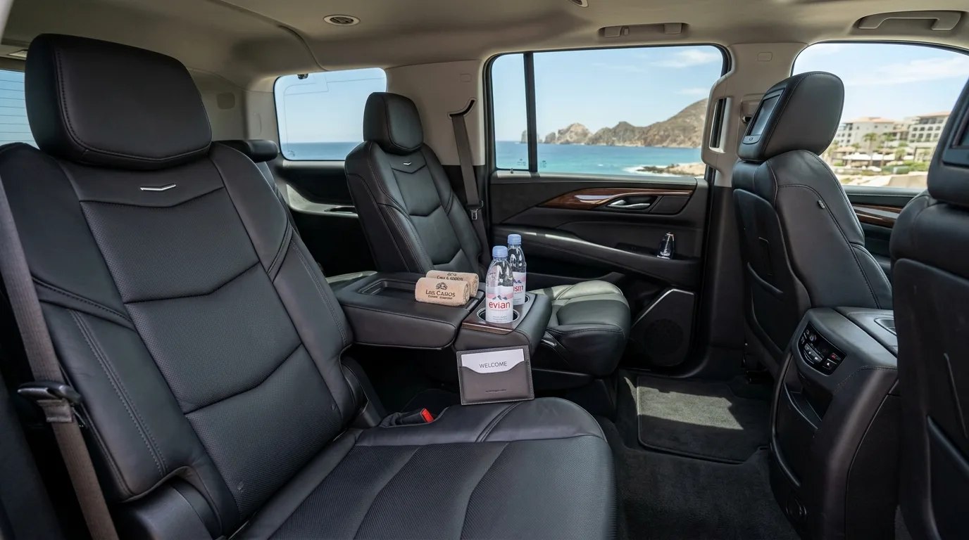 Comfortable Interior of a Private Transfer Vehicle in Los Cabos Spacious and comfortable interior of a luxury private transfer SUV in Cabo San Lucas, showcasing plush seating.