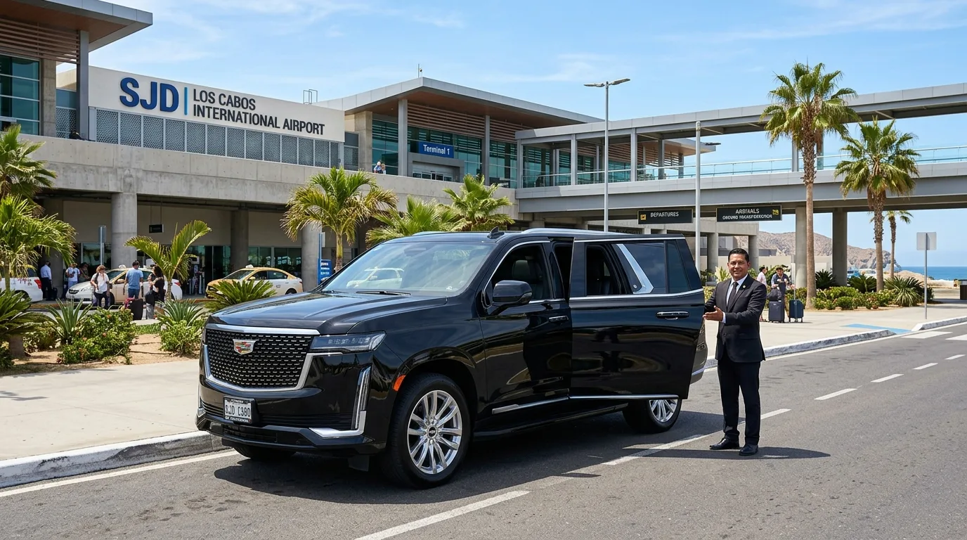 Luxury black SUV waiting for airport transfers at SJD Los Cabos Airport
