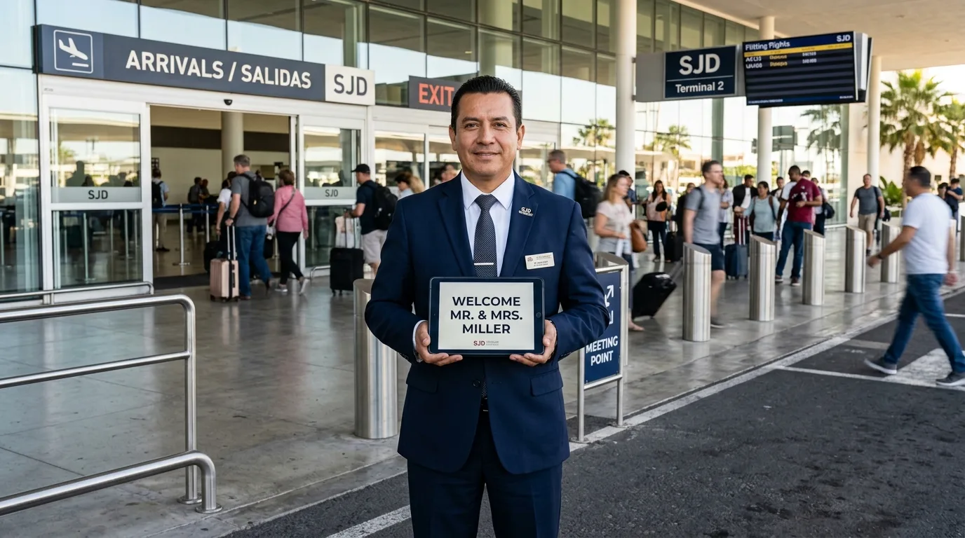 Chauffeur Meeting Point at SJD Airport Professional chauffeur awaiting passengers at SJD Los Cabos Airport arrivals