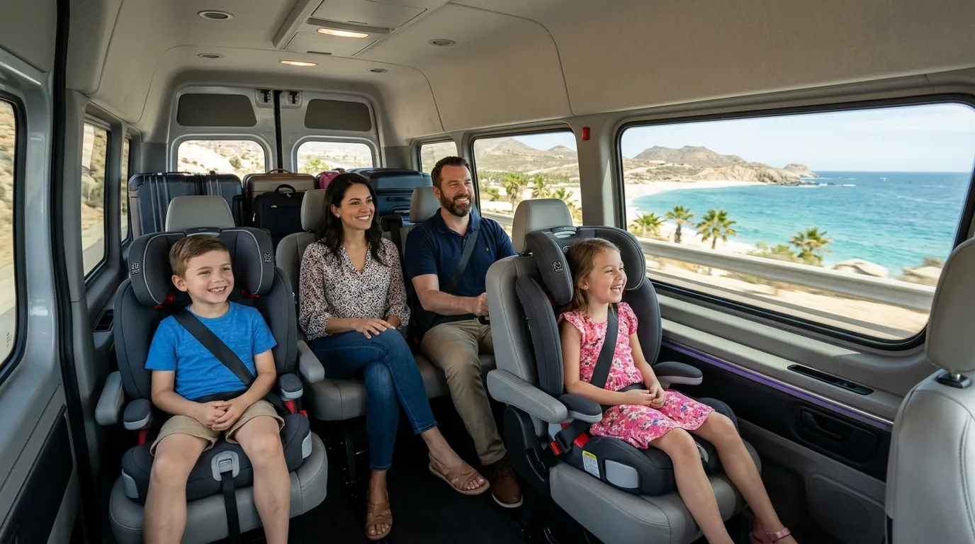 Comfortable Family Transfer with Child Seats in Los Cabos Family with children in private airport transfer van in Los Cabos