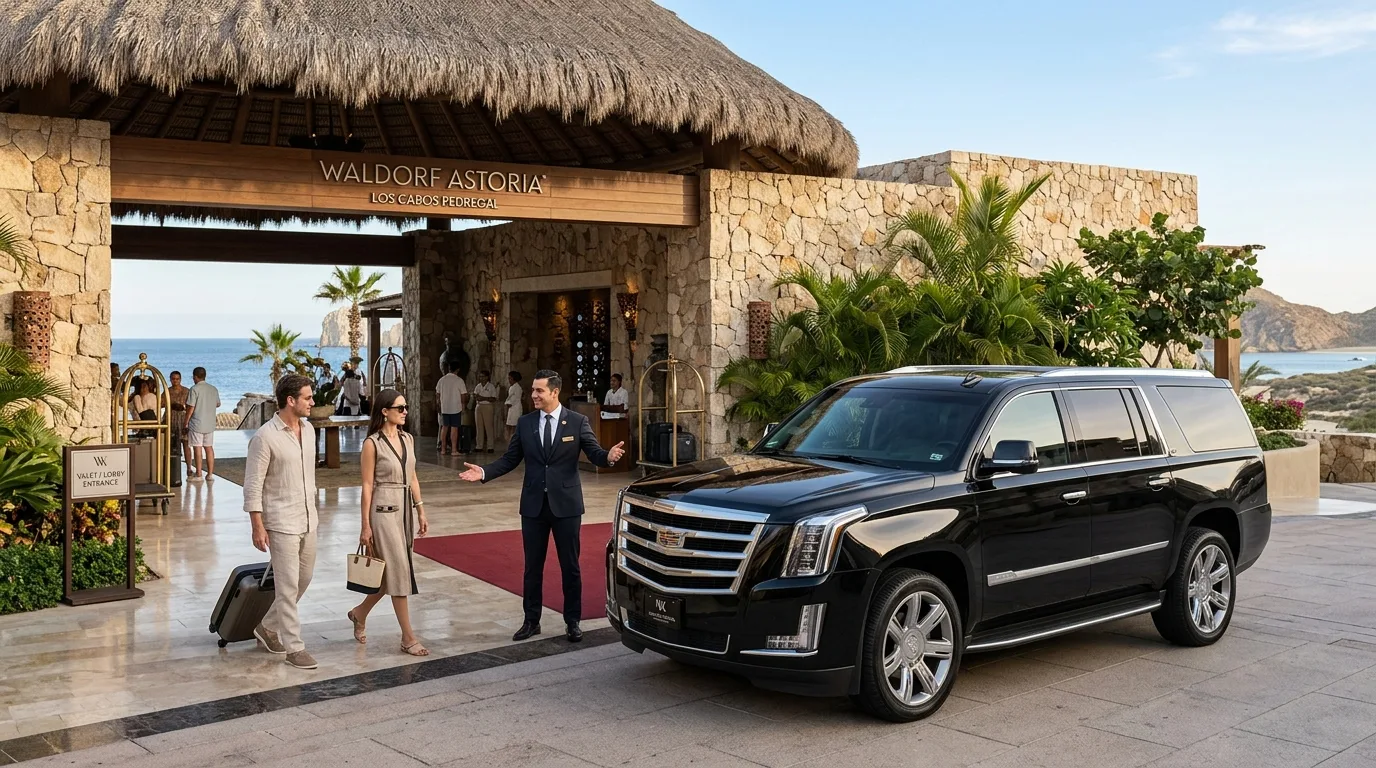 Seamless Airport Transfer to Cabo Resort Luxury private SUV transfer arriving at a Cabo resort