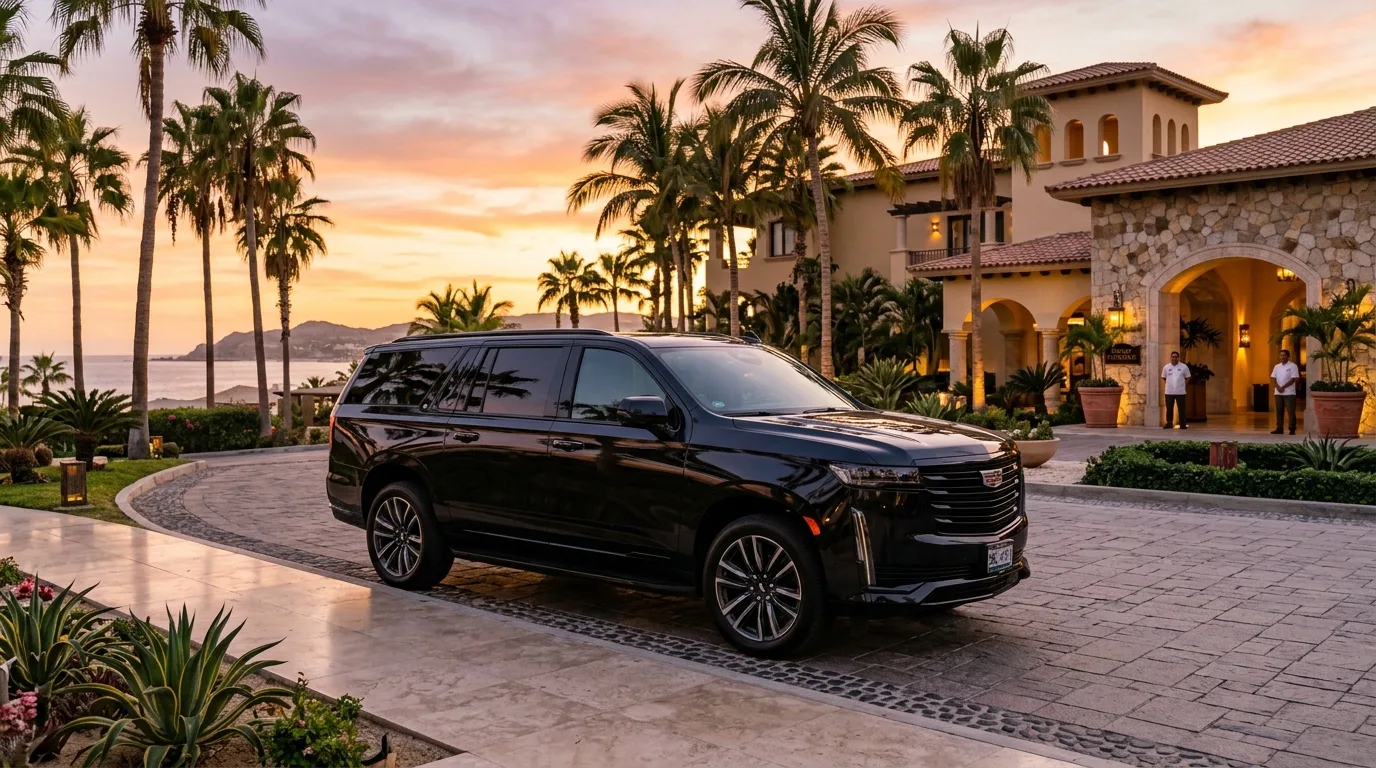 Luxury private SUV waiting for travelers at a high-end Los Cabos resort entrance