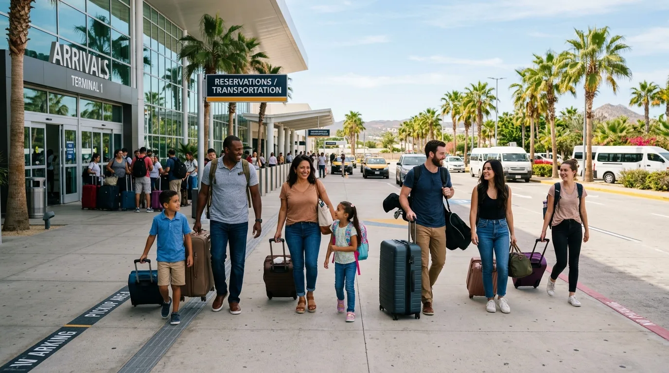 Travelers arriving at SJD Airport, choosing from various Cabo airport shuttle options