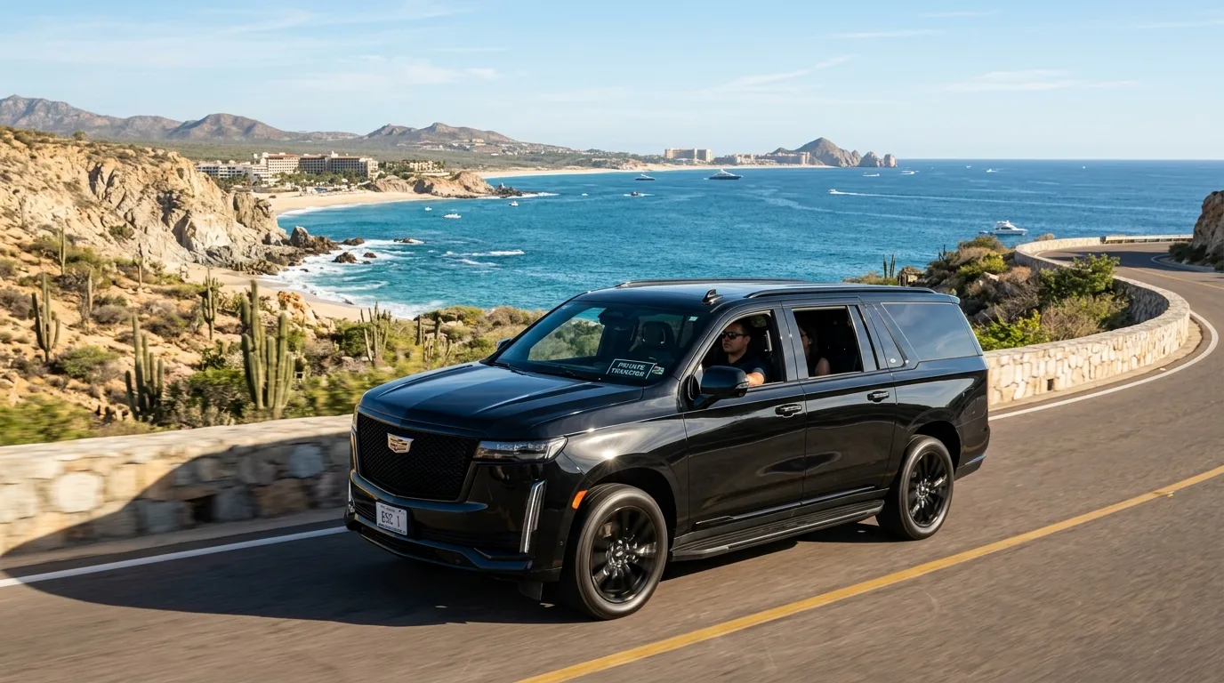 Luxury black SUV driving on a scenic highway from Cabo Airport to Cabo San Lucas