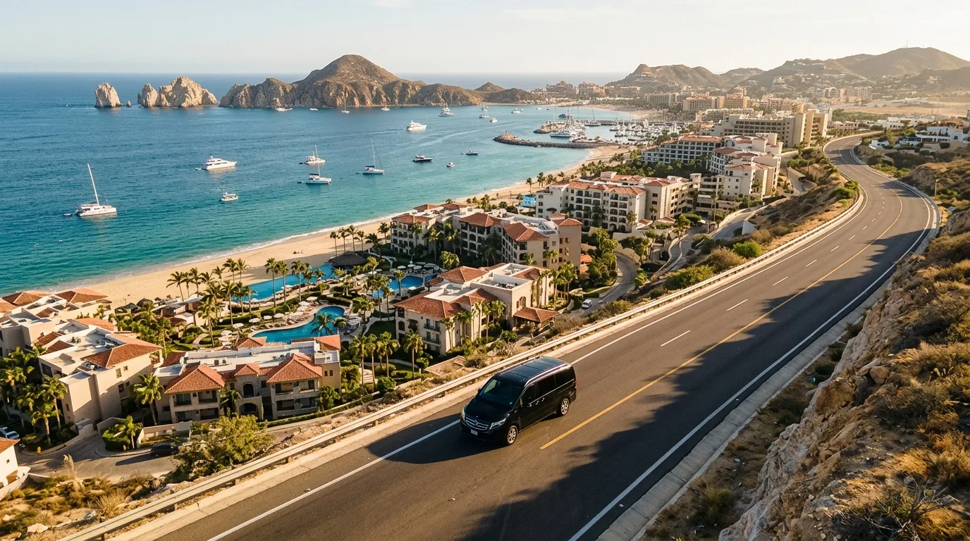 Professional driver with a Mercedes Sprinter van at SJD Airport for a private transfer