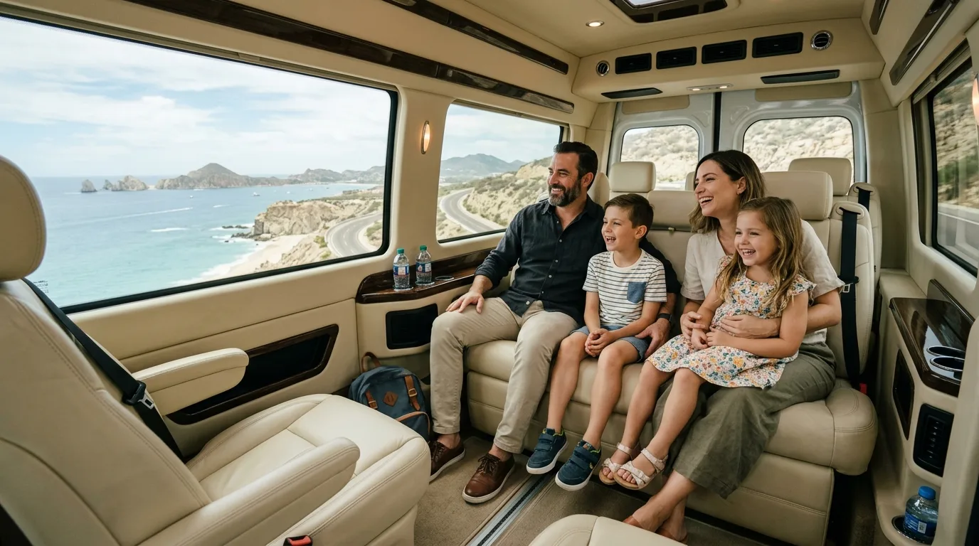 Family enjoying a comfortable private airport transfer in Los Cabos