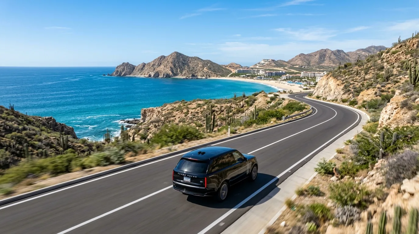 Luxury SUV driving along the scenic Los Cabos coastline, representing premium Cabo San Lucas airport transfer options.
