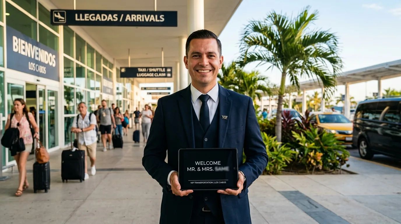 Seamless Arrival: Chauffeur Service at SJD Airport Professional chauffeur awaiting arriving passengers at Los Cabos International Airport (SJD) with a welcome sign.