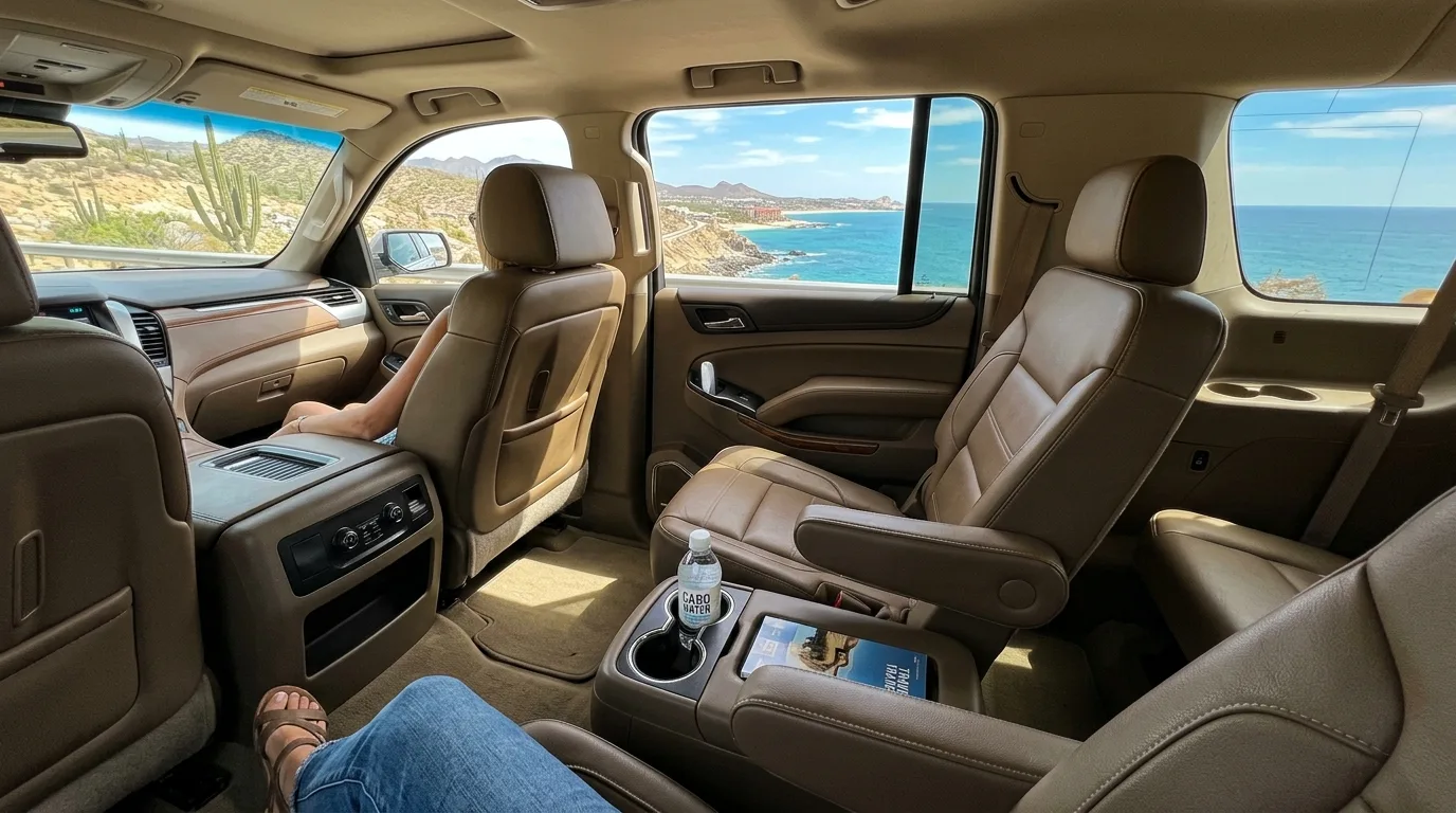 Comfortable Private Transportation in Cabo San Lucas Spacious and luxurious interior of a private transfer vehicle with scenic Los Cabos landscape visible through the windows.