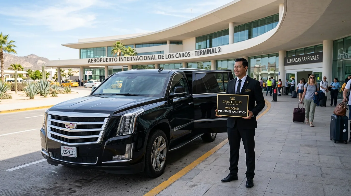 Professional chauffeur with luxury SUV for corporate airport transfers in Cabo.