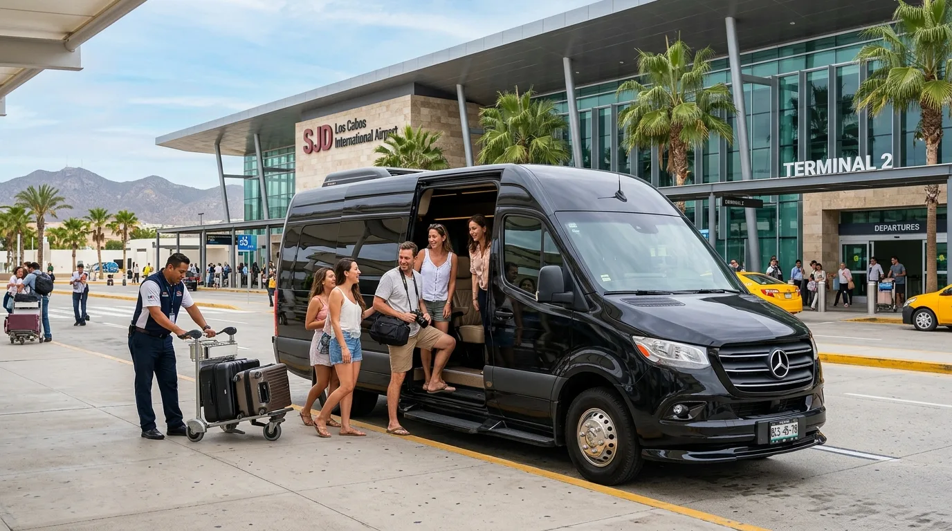 Group of travelers boarding a luxury Mercedes Sprinter van at Los Cabos International Airport (SJD) for private transfer.