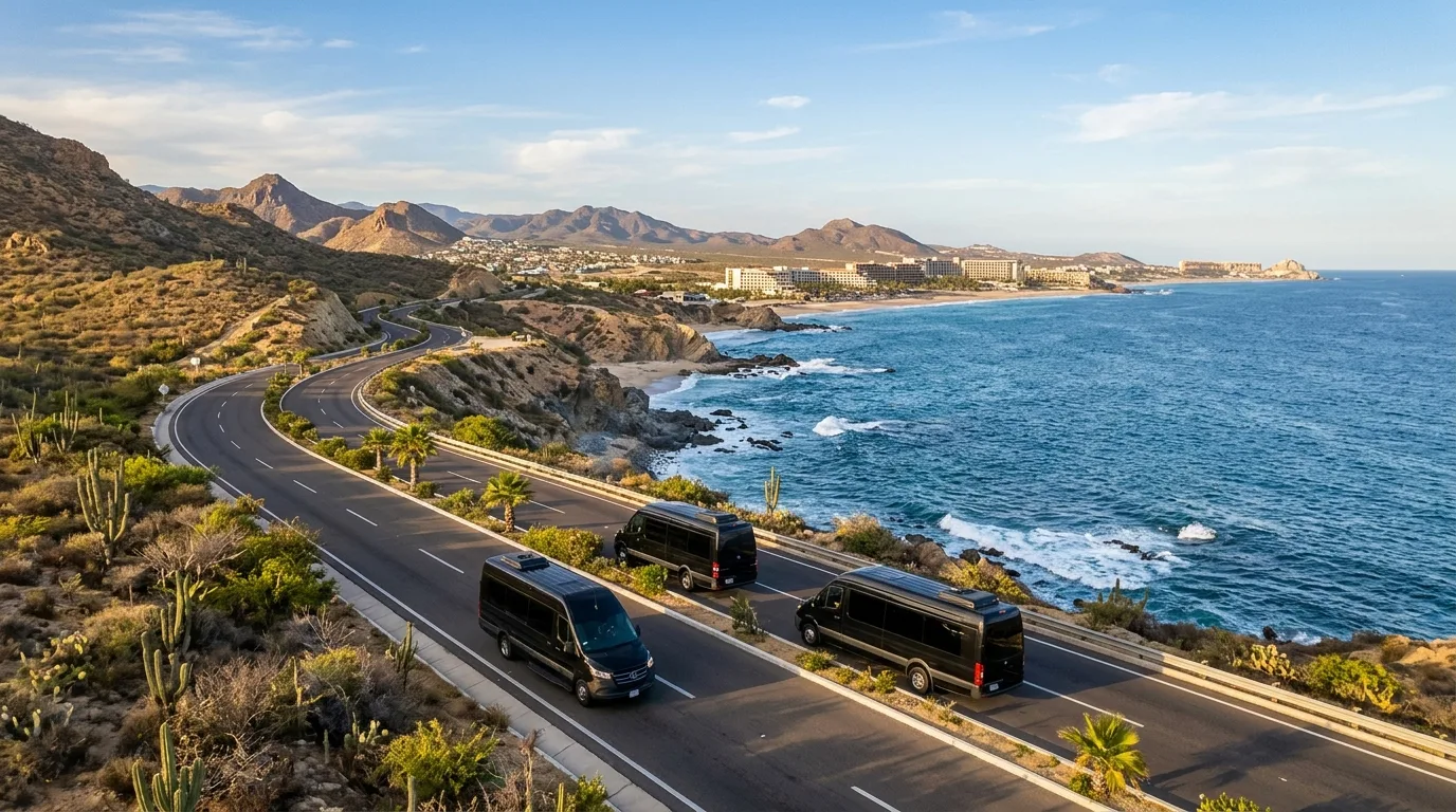 Professional bilingual driver assisting a group with luggage next to a luxury van at a Los Cabos resort.