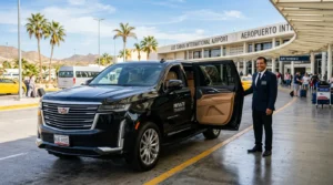 Professional driver opening the door of a black luxury SUV for private airport transportation at Los Cabos International Airport (SJD)