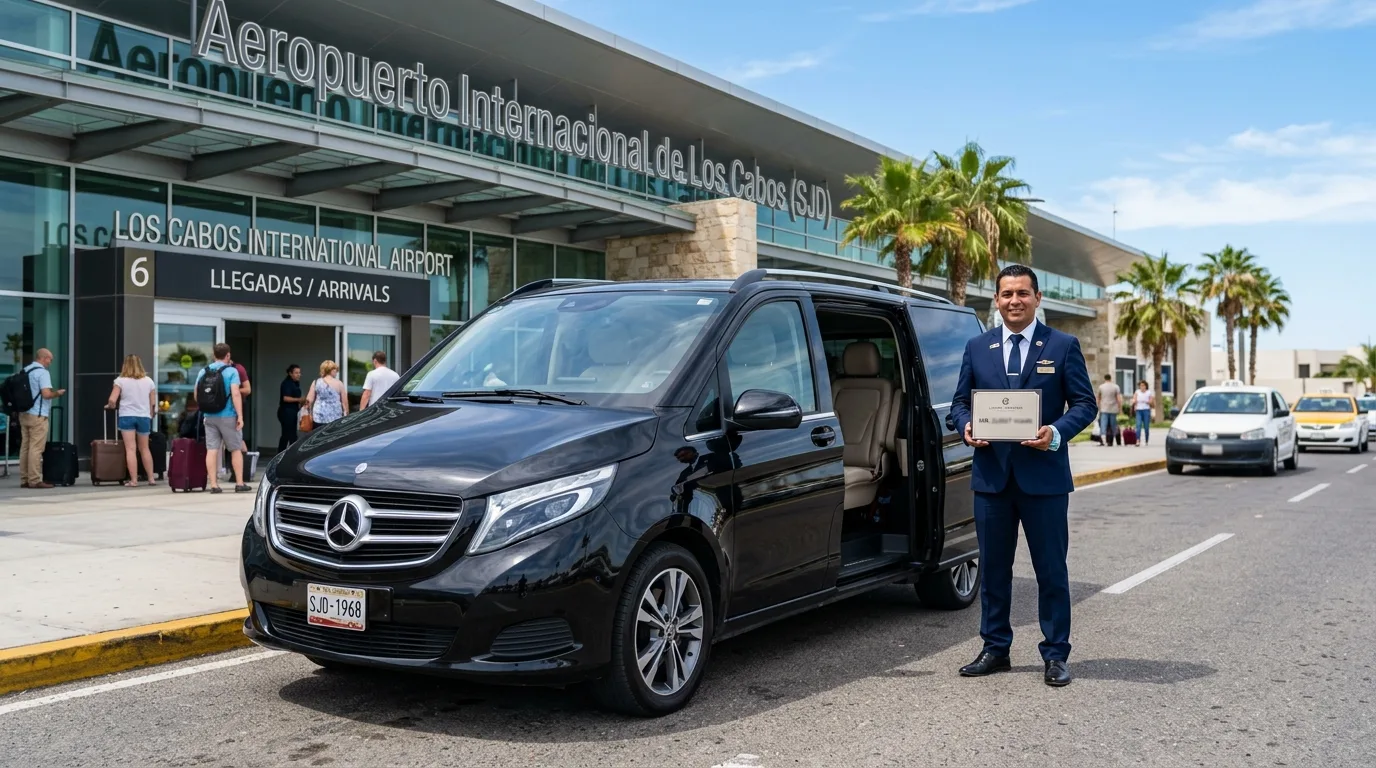 Luxury SUV and professional driver waiting for arriving passengers at Los Cabos International Airport (SJD) terminal.