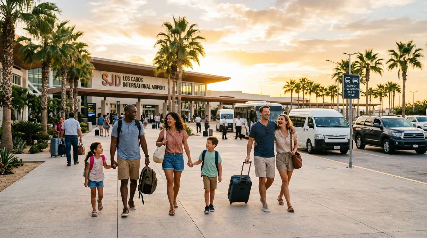 Travelers exiting SJD airport, looking relaxed and ready for their Los Cabos vacation, with various airport transfer options in the background.
