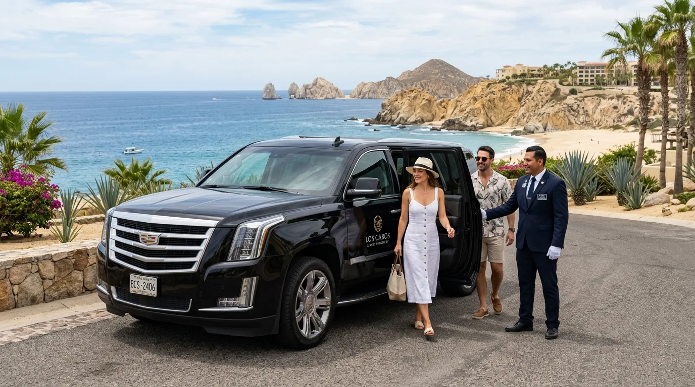 Luxury private driver opening SUV door in Los Cabos