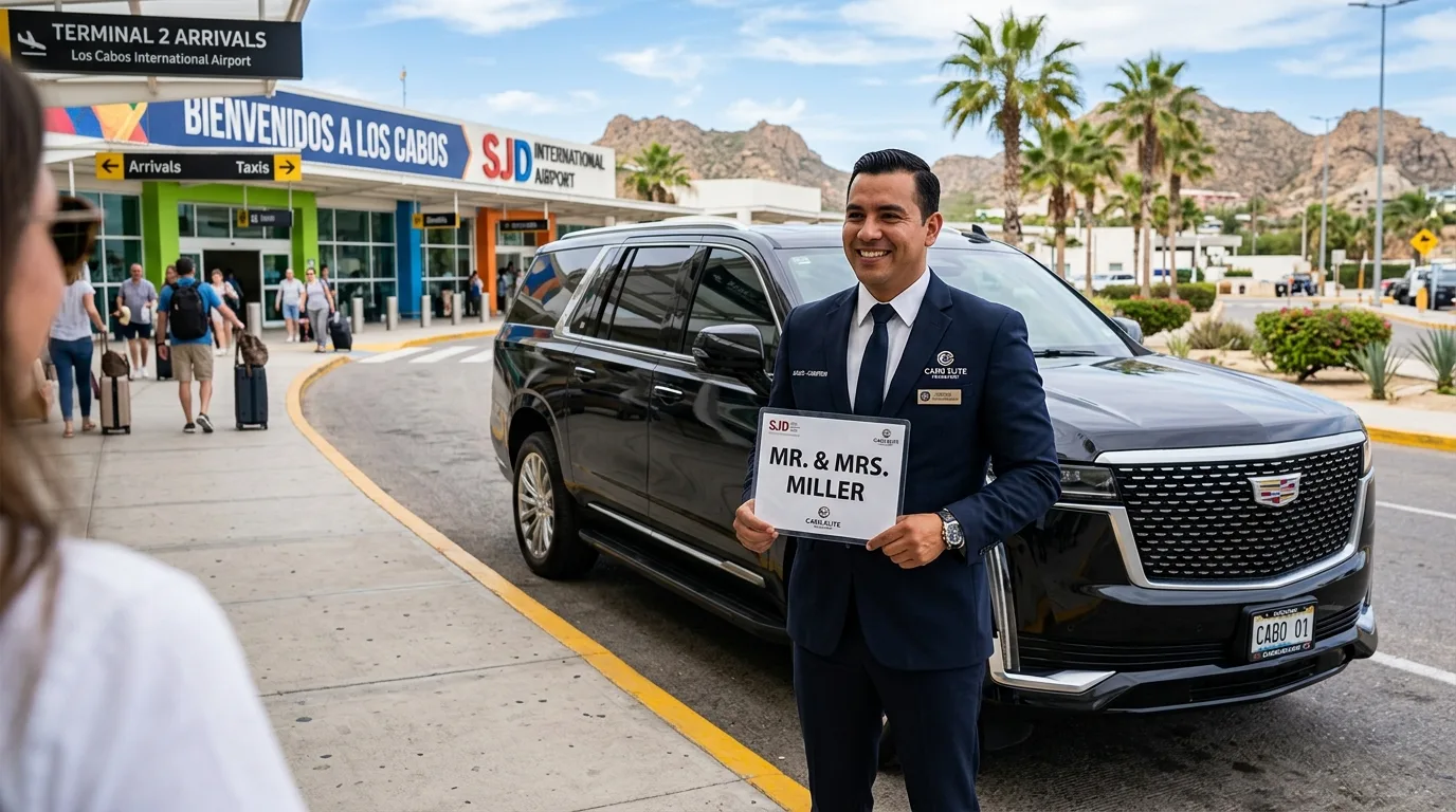 Luxury private transfer SUV at SJD Cabo airport with a professional chauffeur greeting guests.