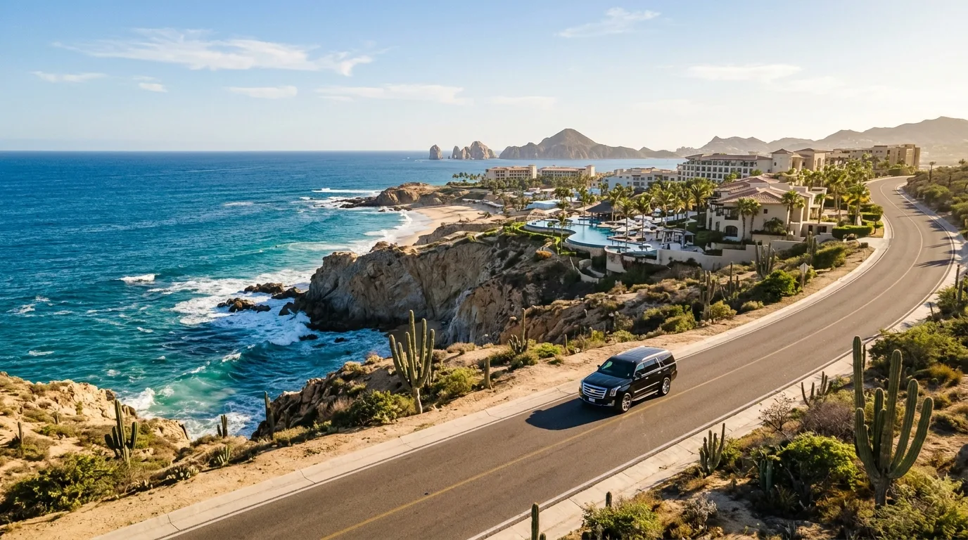 Luxurious interior of a private transfer vehicle in Cabo, with comfortable seating and a scenic view.
