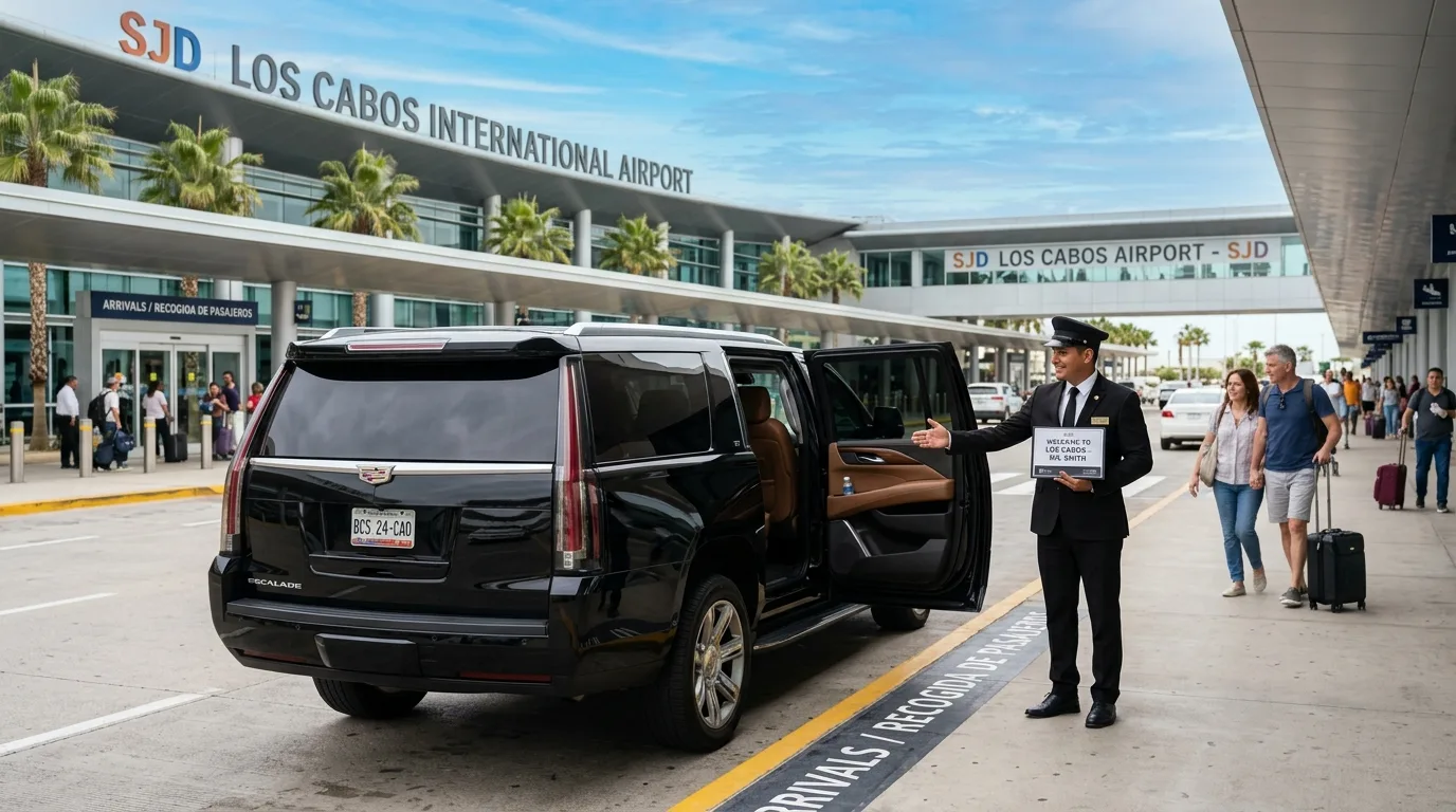 Luxury black Cadillac Escalade SUV at SJD Airport Los Cabos with chauffeur