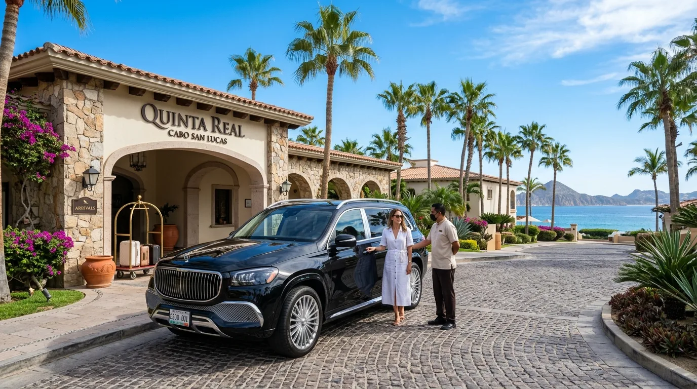 Luxury SUV parked outside an upscale resort in Cabo San Lucas, symbolizing premium transportation.