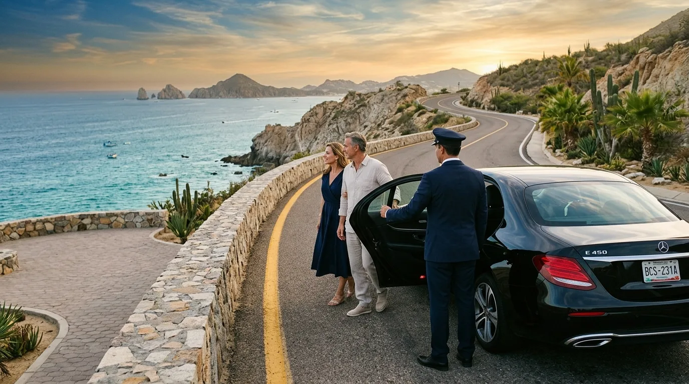 Professional chauffeur opening a luxury car door for passengers with a scenic Los Cabos coastal view in the background.