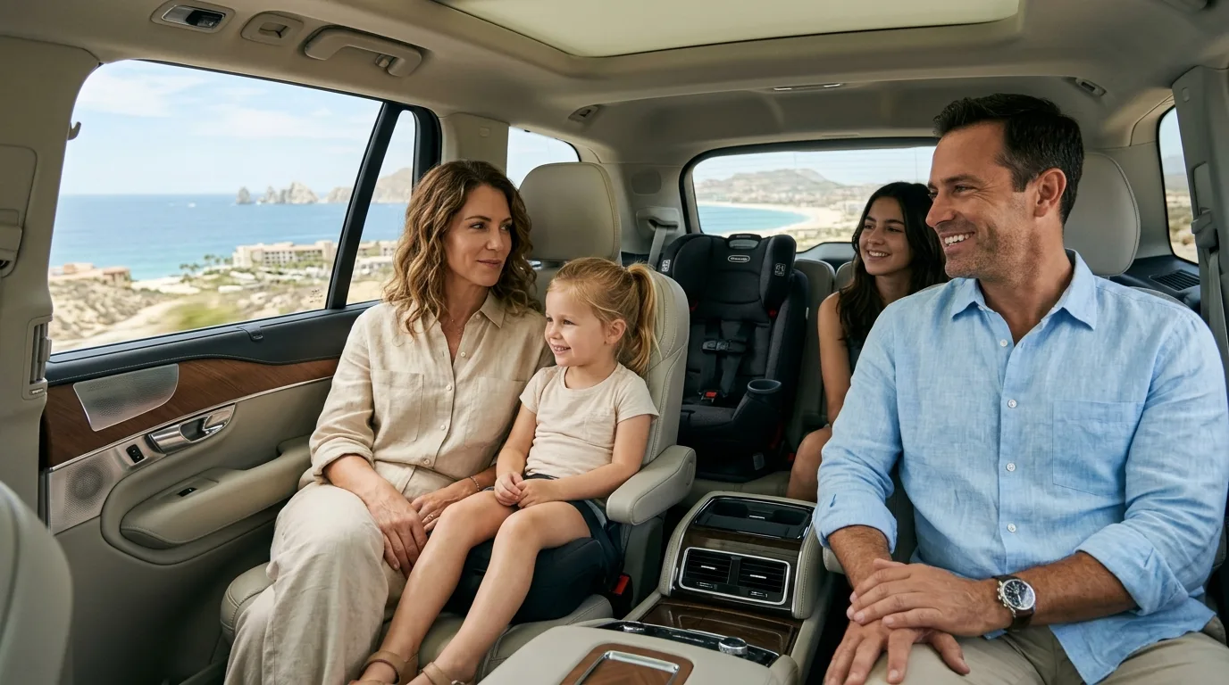 Family enjoying a comfortable ride in a spacious luxury SUV in Cabo, featuring a child safety seat.