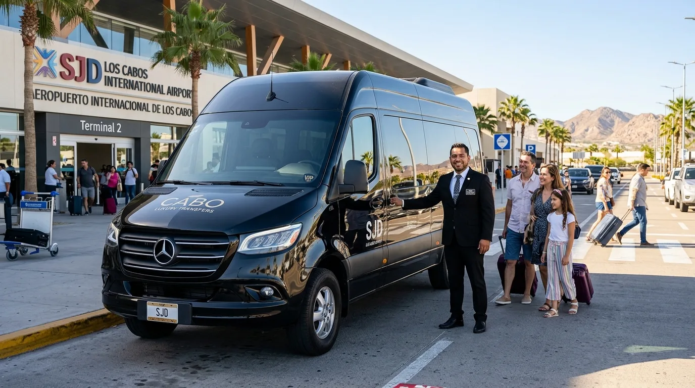 Luxury van airport transfer service in Los Cabos with a professional driver at SJD Airport