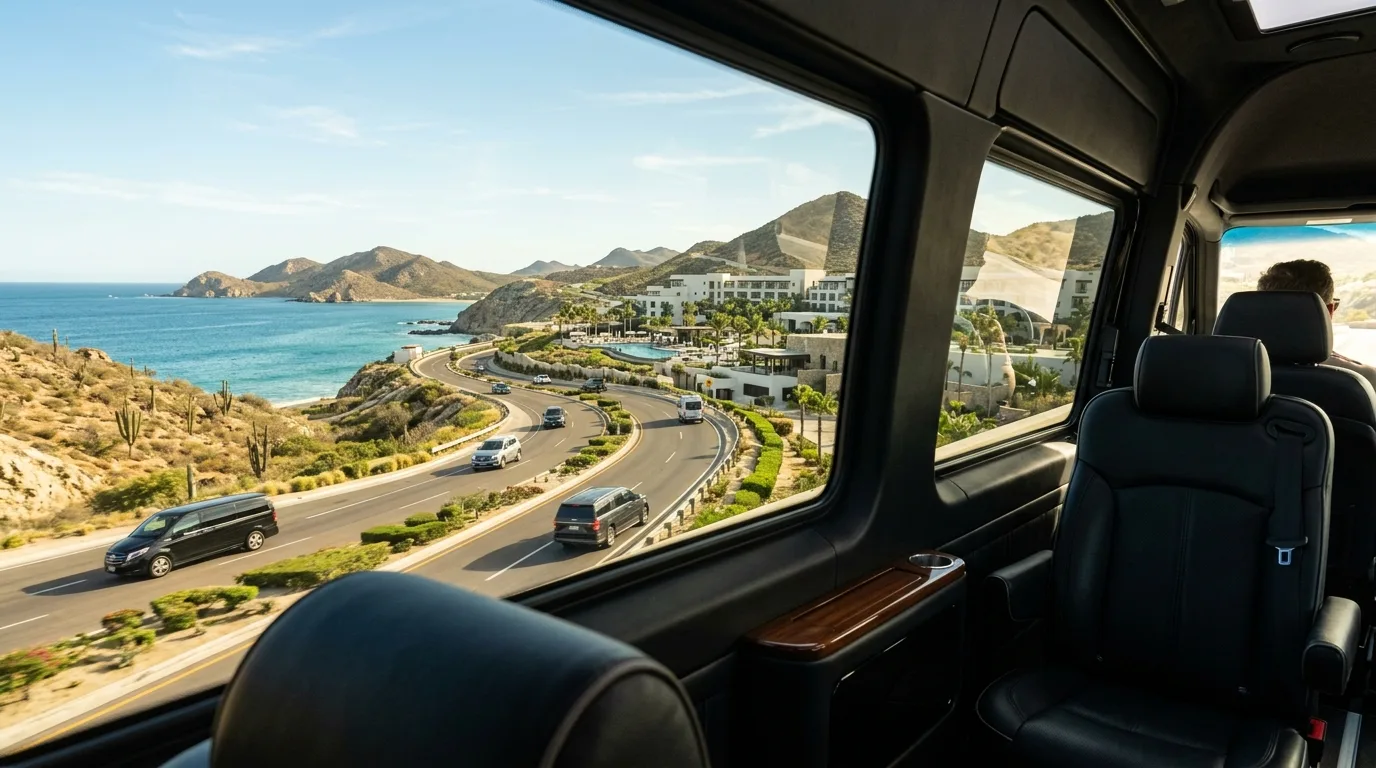 Spacious and comfortable interior of a luxury private van for Los Cabos transfers