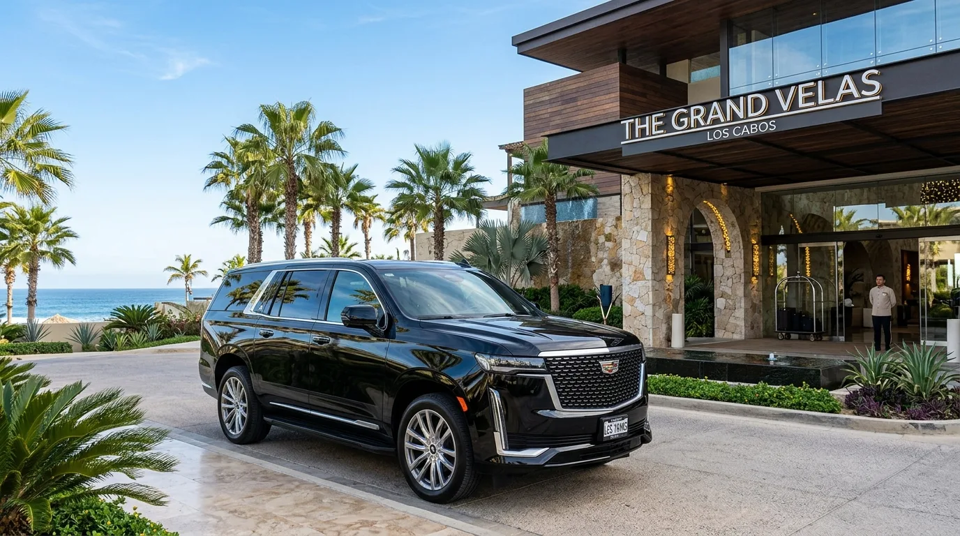 Luxury Cadillac Escalade SUV parked at a resort in Los Cabos Pacific Zone for private transfers.
