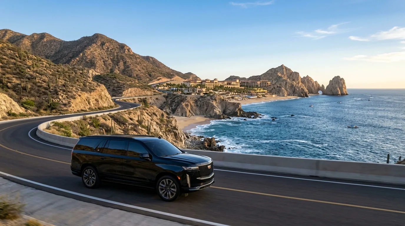 Luxury black SUV driving along a coastal highway towards Cabo San Lucas resorts with ocean and mountains in the background, signifying private airport transportation.