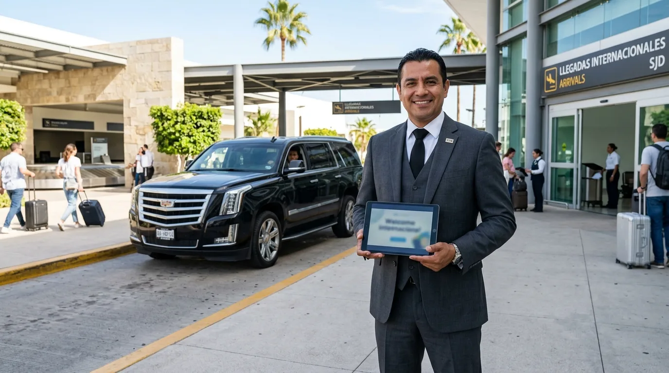 Professional chauffeur awaiting travelers outside the SJD Airport terminal with a welcome sign, providing private airport transfers.