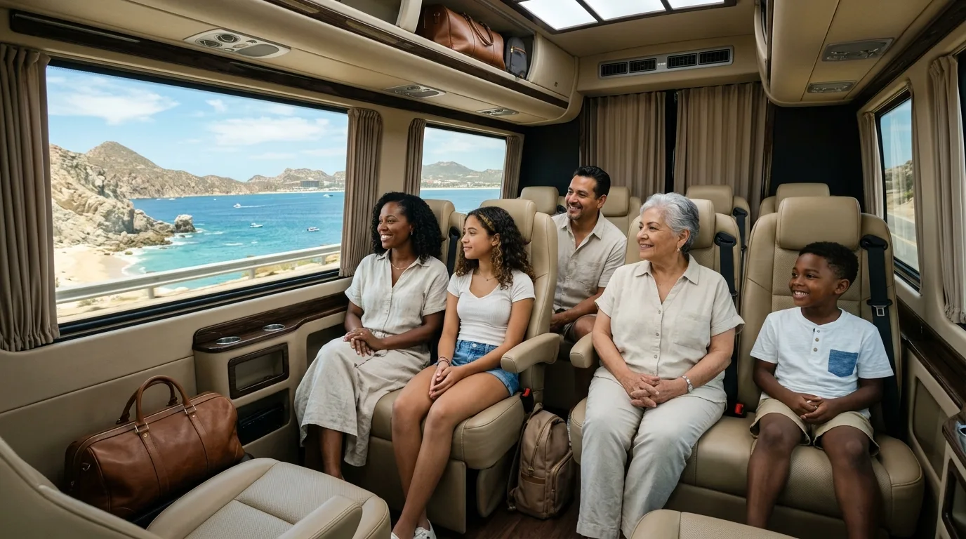 Family enjoying a comfortable and spacious private transfer from SJD airport, viewing the scenic Los Cabos landscape.