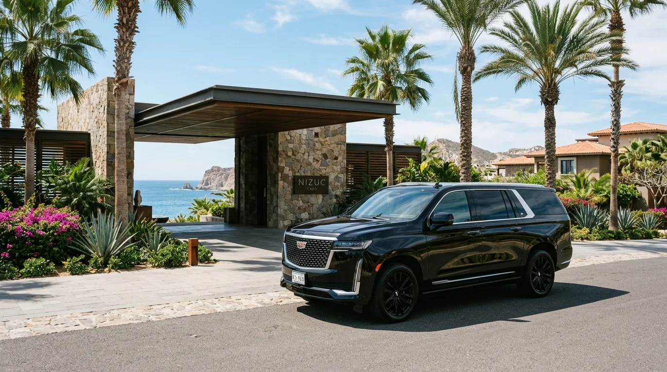 Modern luxury SUV parked outside a high-end resort in Los Cabos, ready for private airport transportation