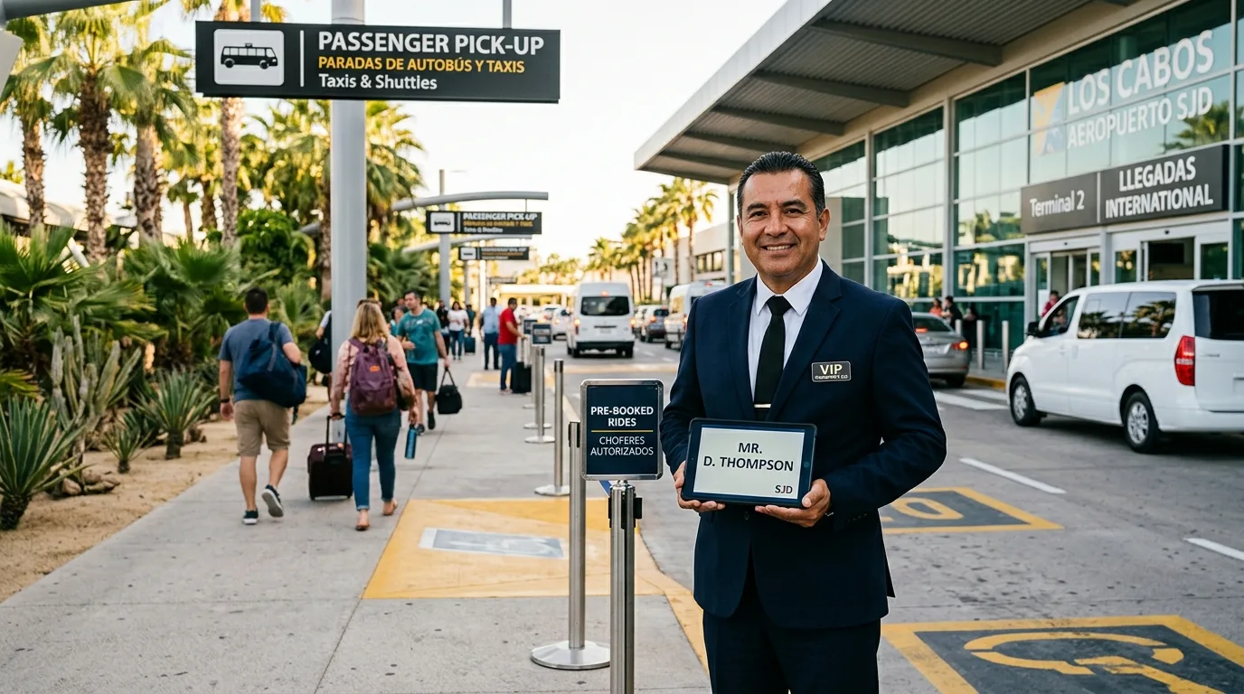 Professional chauffeur waiting with a digital sign for arriving passengers at SJD Los Cabos Airport