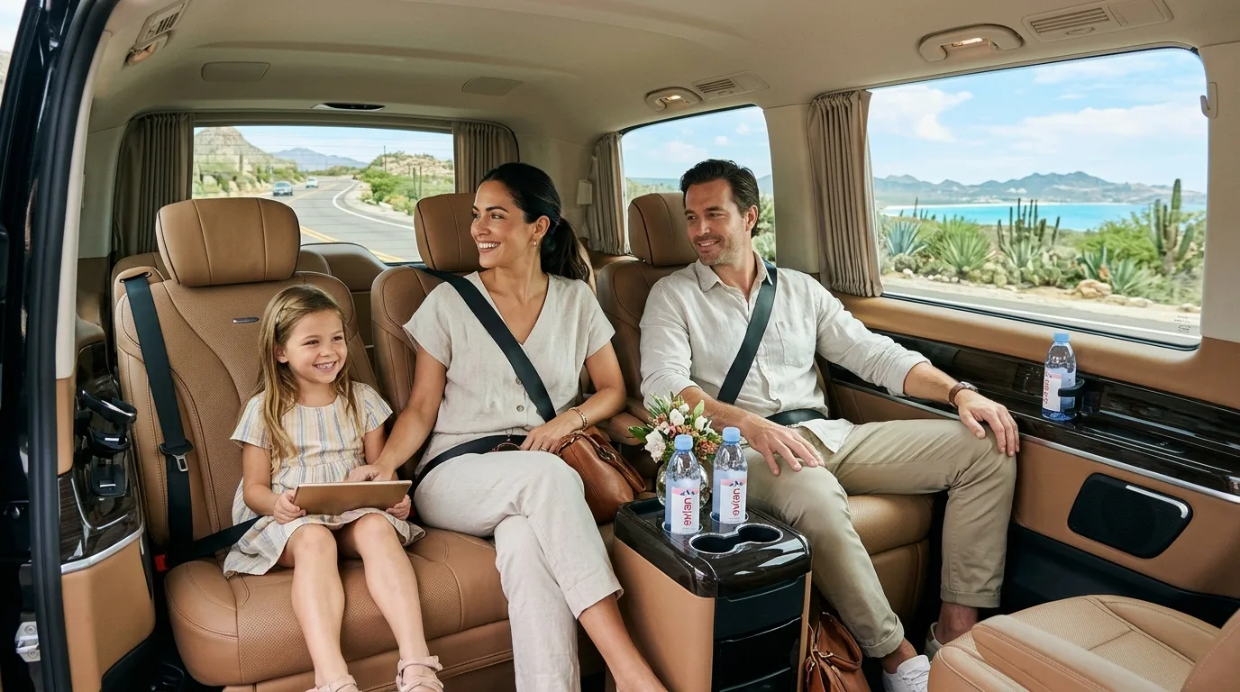 Relaxed travelers enjoying comfortable private car service with scenic Los Cabos views from the window
