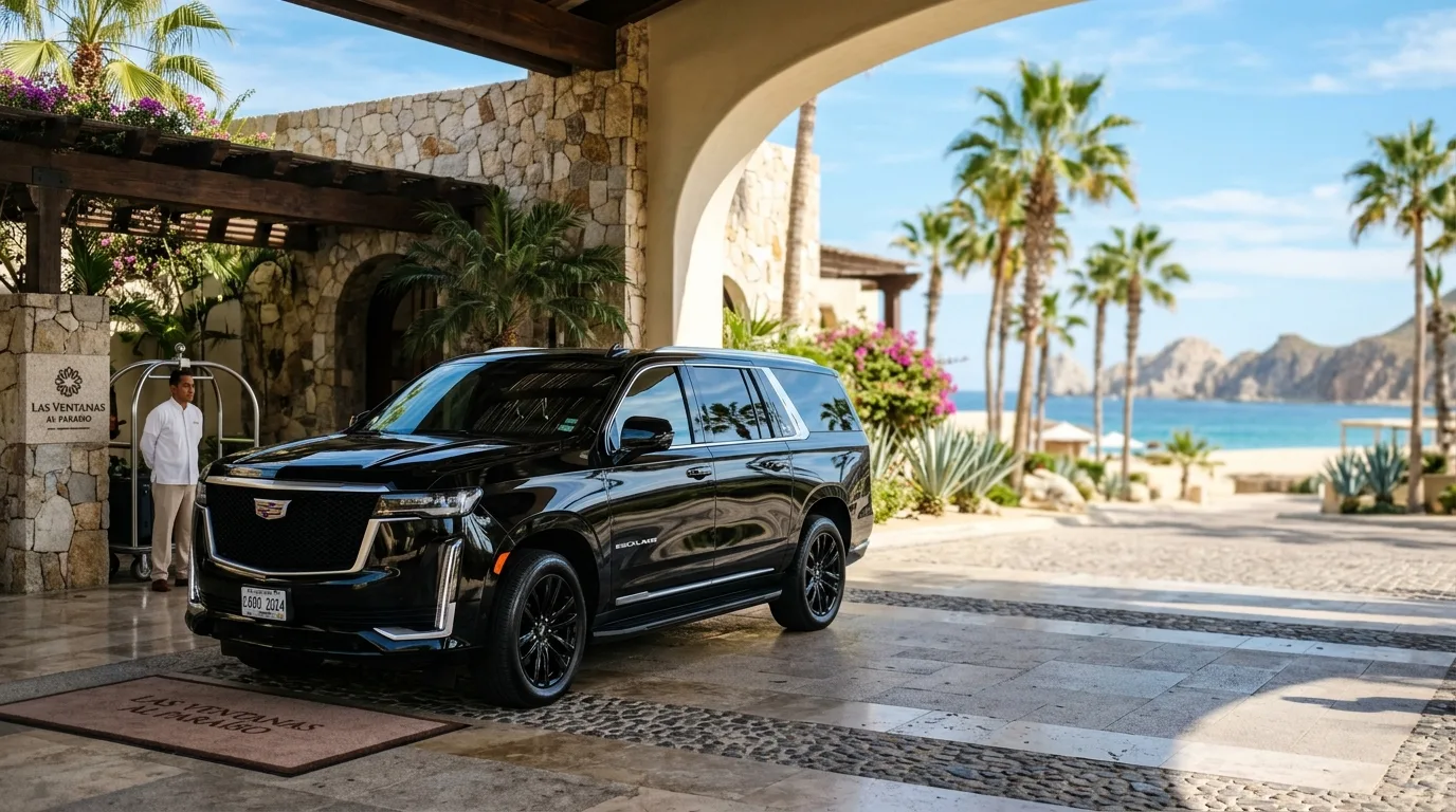 Luxury private car service SUV parked at a Los Cabos resort entrance
