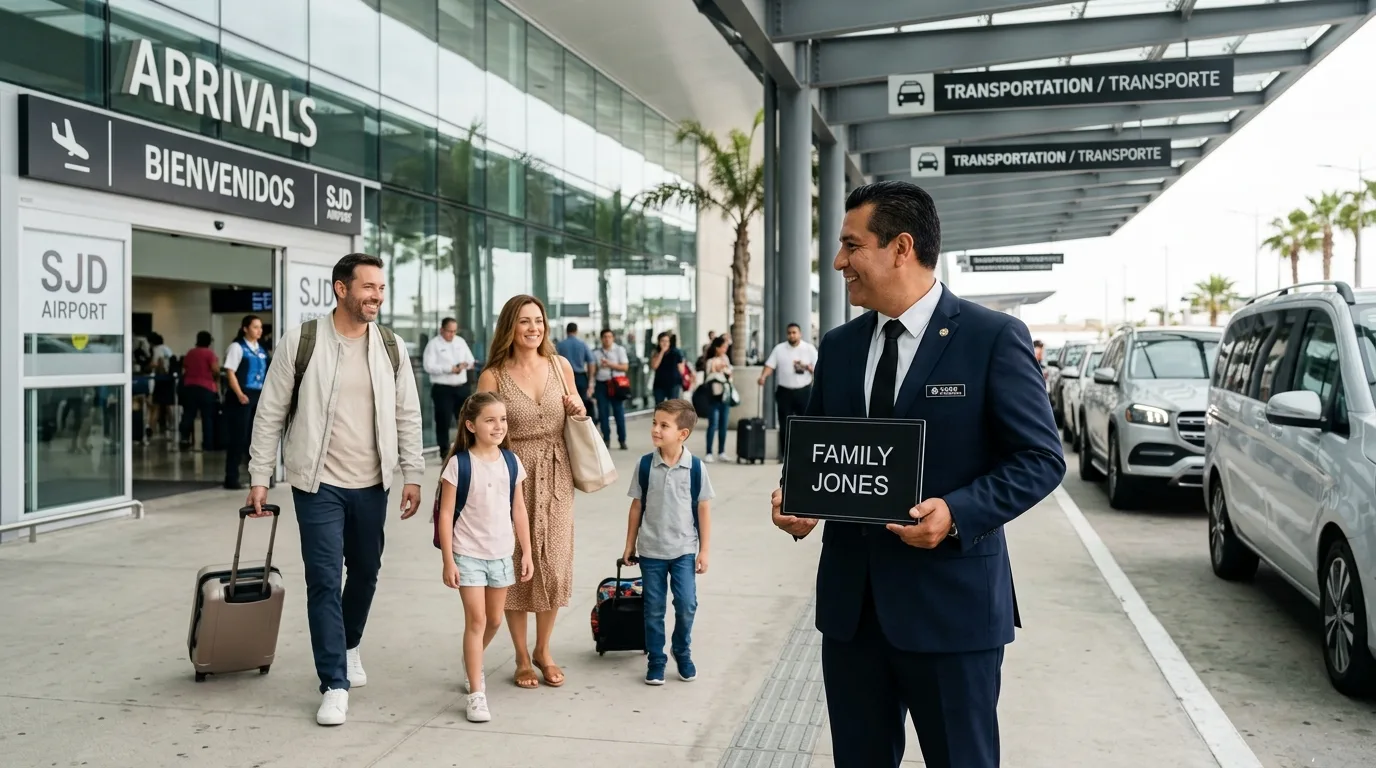 Chauffeur greeting arriving passengers at SJD Airport for private car service