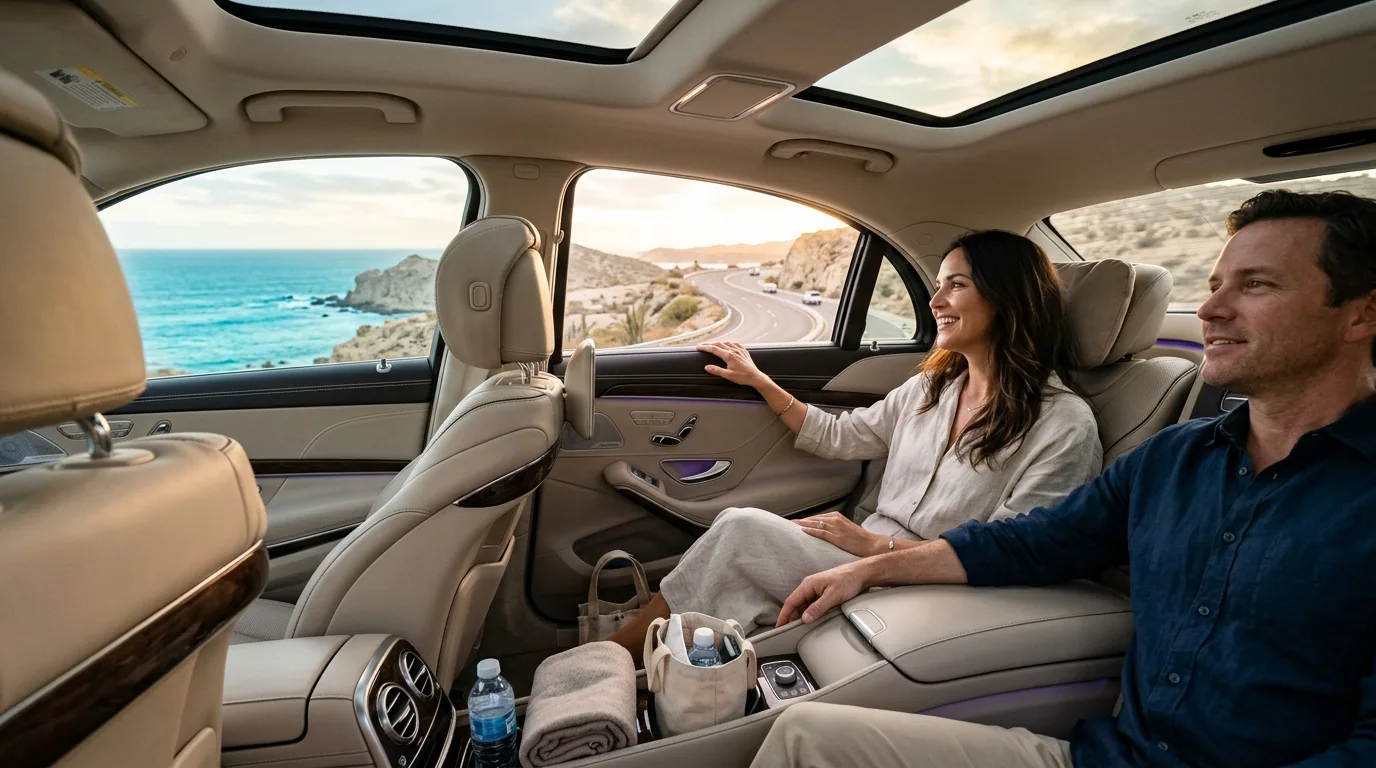 Passengers enjoying a comfortable ride in a private car service through Los Cabos