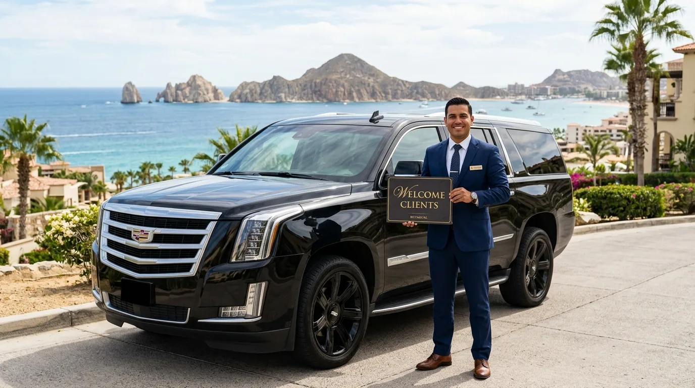 Private Driver Service in Cabo San Lucas Professional private driver with welcome sign and luxury SUV in Cabo San Lucas