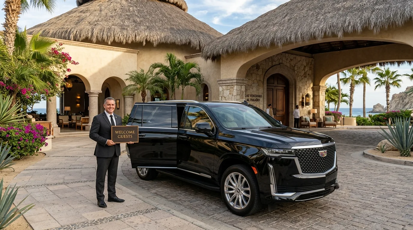 Luxury private transfer arriving at a Los Cabos hotel with a professional chauffeur