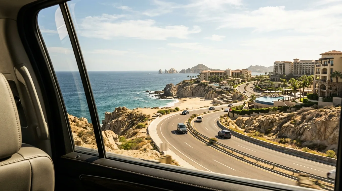 Traveler enjoying a private transfer ride with scenic views of Los Cabos hotels