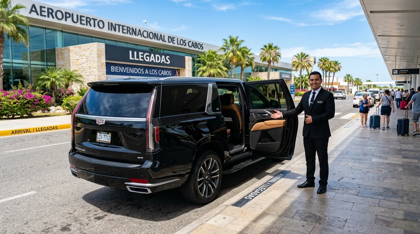 Professional driver waiting with a luxury SUV at SJD Airport for car service.