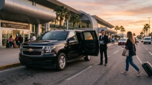 Professional SJD airport car service driver greeting travelers outside Los Cabos International Airport with a luxury SUV.