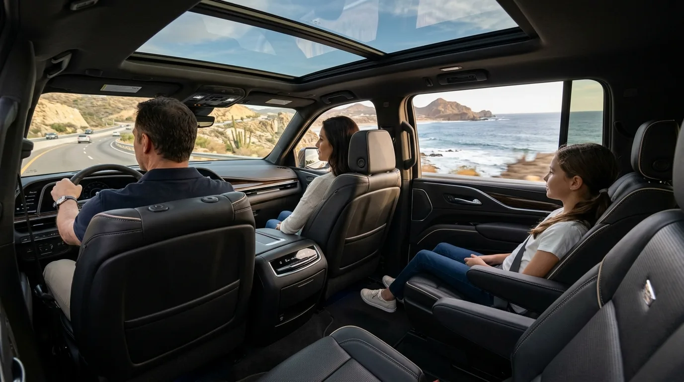 Comfortable family riding in a spacious private SUV during SJD airport car service transfer to Los Cabos resort.
