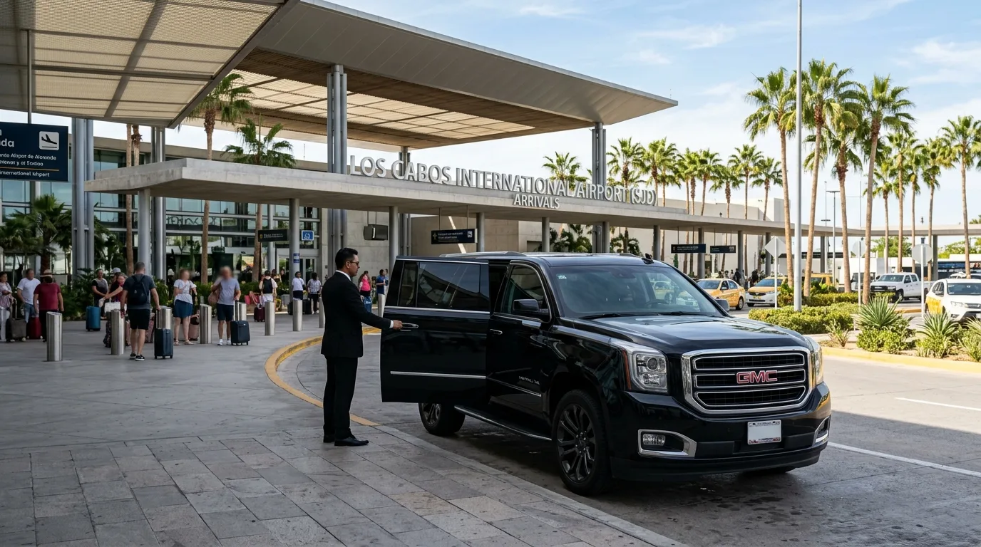 Sleek black luxury SUV with a professional chauffeur at SJD Airport's arrival curb, ready for premium transportation.