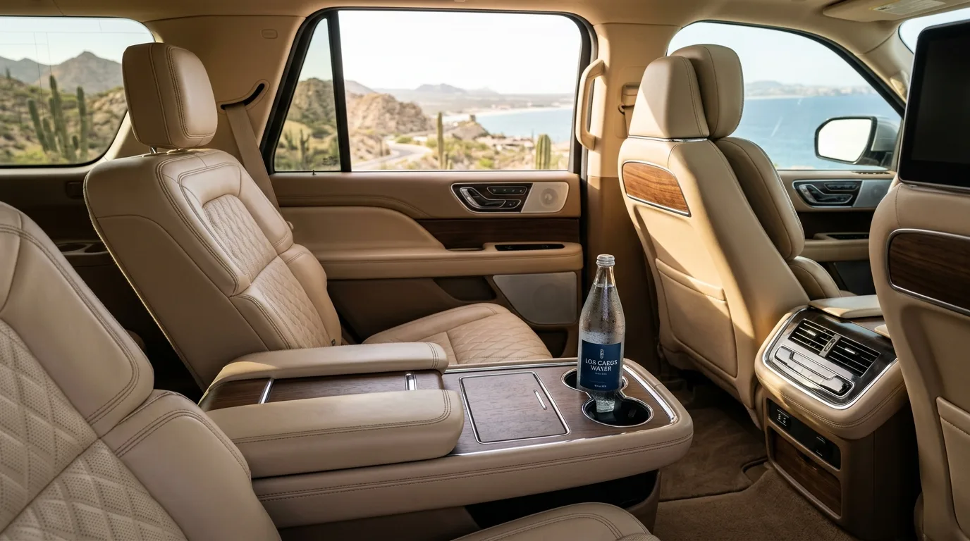 Spacious and comfortable interior of a luxury SUV, featuring plush leather seats and amenities for a premium SJD airport transfer experience.