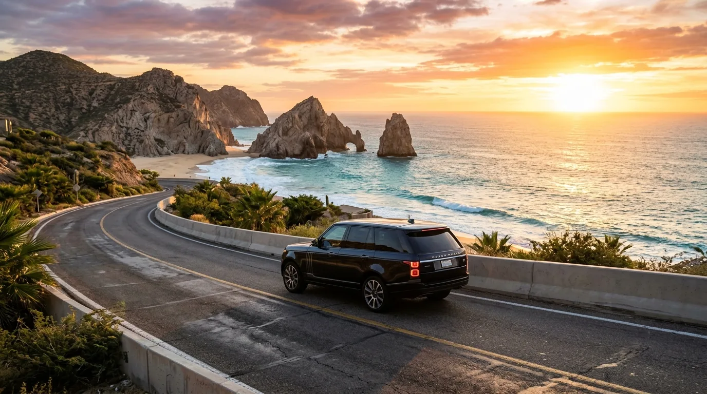 Luxury SUV driving on a scenic coastal highway in Los Cabos, Mexico, at sunset.
