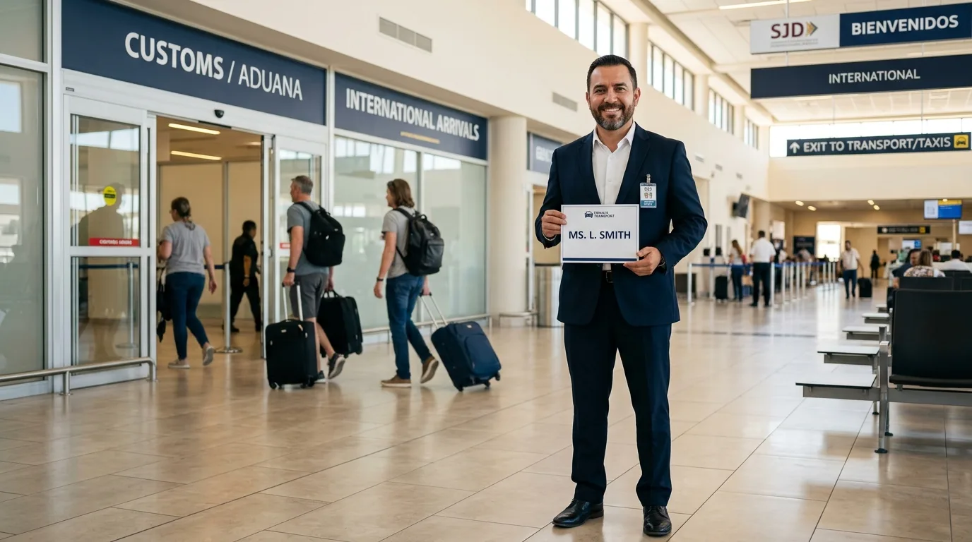 Professional driver holding a welcome sign for a private car service at SJD Airport.
