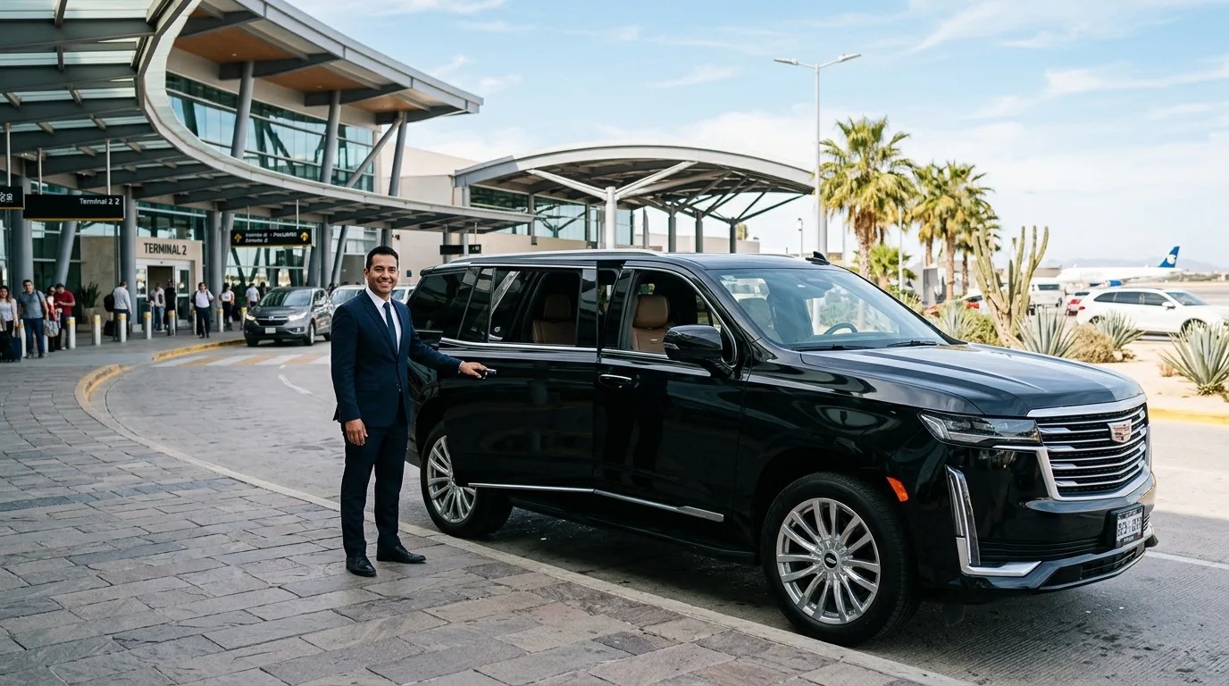 Luxury SJD airport private transfer SUV waiting outside Los Cabos International Airport